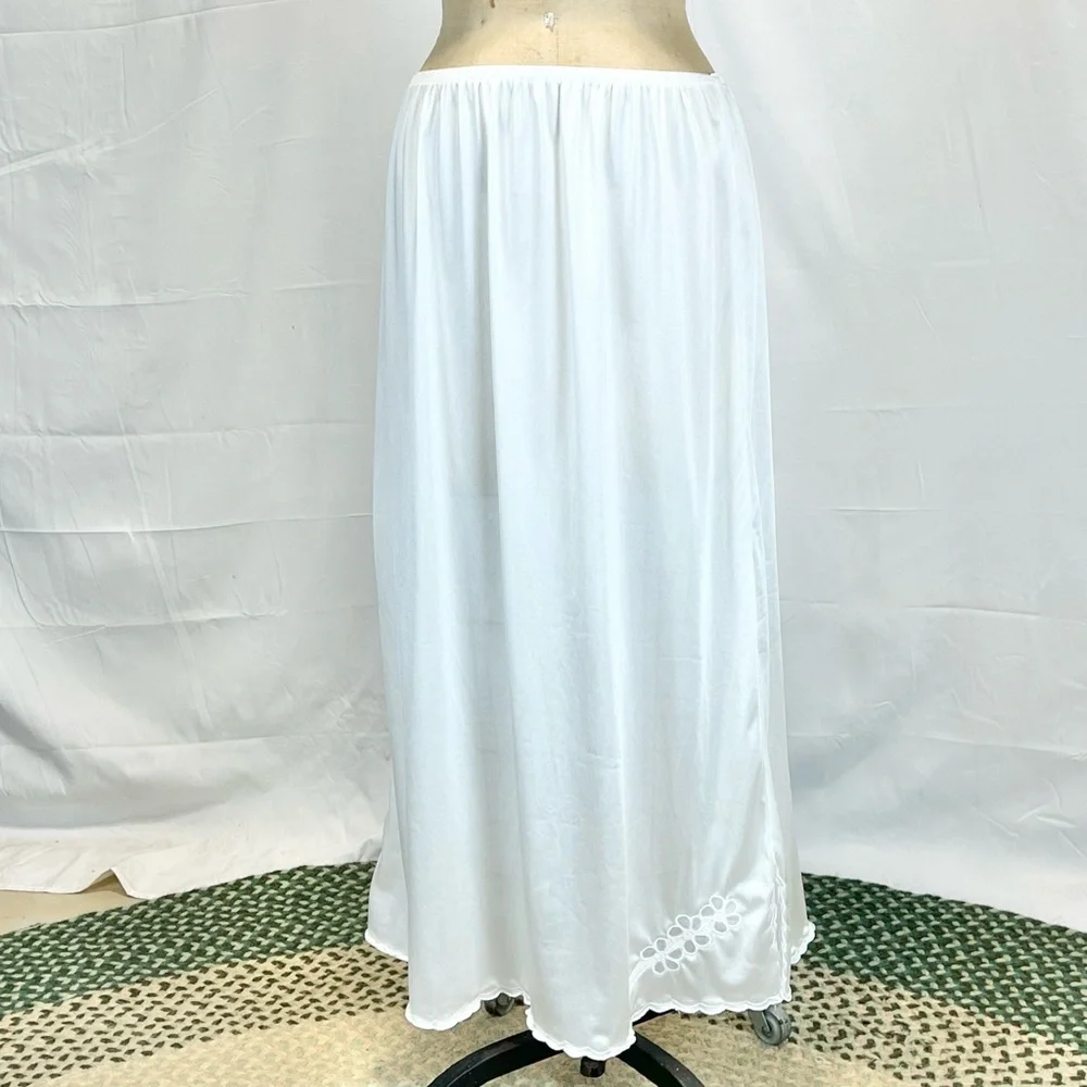 VINTAGE nylon silky dress slip full length maxi embroidered floral elastic waist - Picture 9 of 14